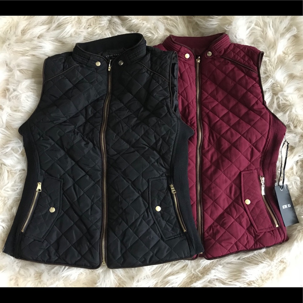 Burgundy quilted vest.